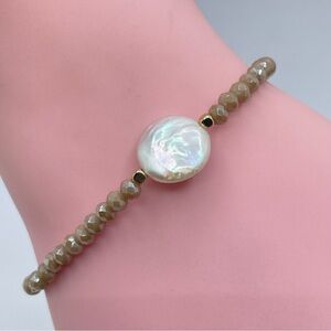 Genuine Pearl Taupe Crystal Adjustable Bracelet Gold Tone Minimal Chic